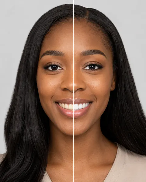 Before-and-after teeth whitening simulation on a model photo
