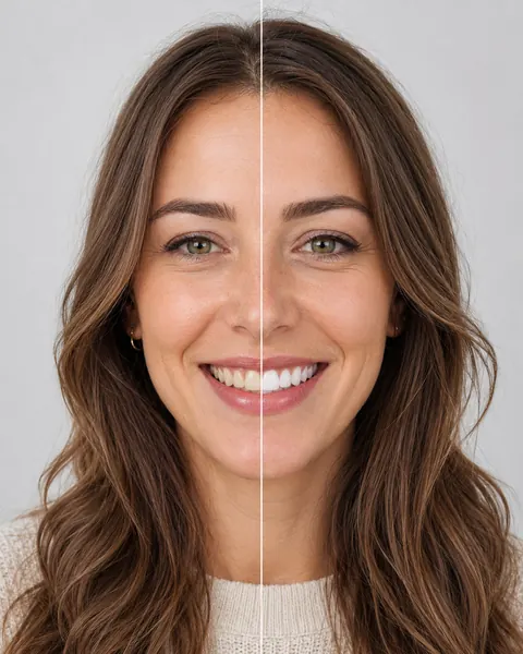 Before-and-after teeth whitening simulation on a model photo