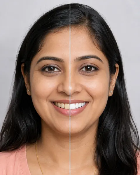 Before-and-after teeth whitening simulation on a model photo