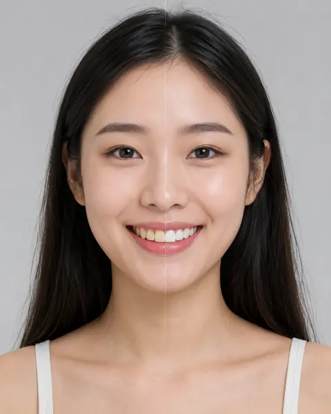 Before-and-after teeth whitening simulation on a model photo