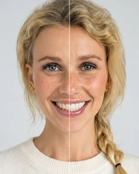 Before-and-after teeth whitening simulation on a model photo